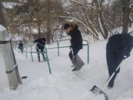 Студенты помогли расчистить снег с пешеходных зон